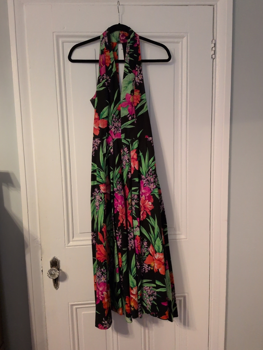 Halter Floral Jumpsuit in Black with Tropical Print